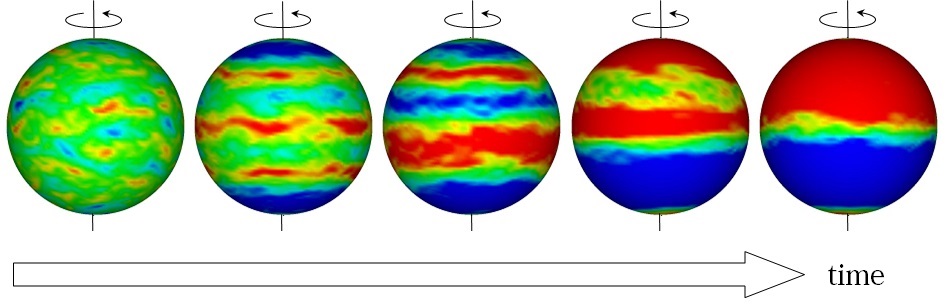 emergence and the temporal development of a large-scale structure in Navier-Stokes turbulence on a rotating sphere